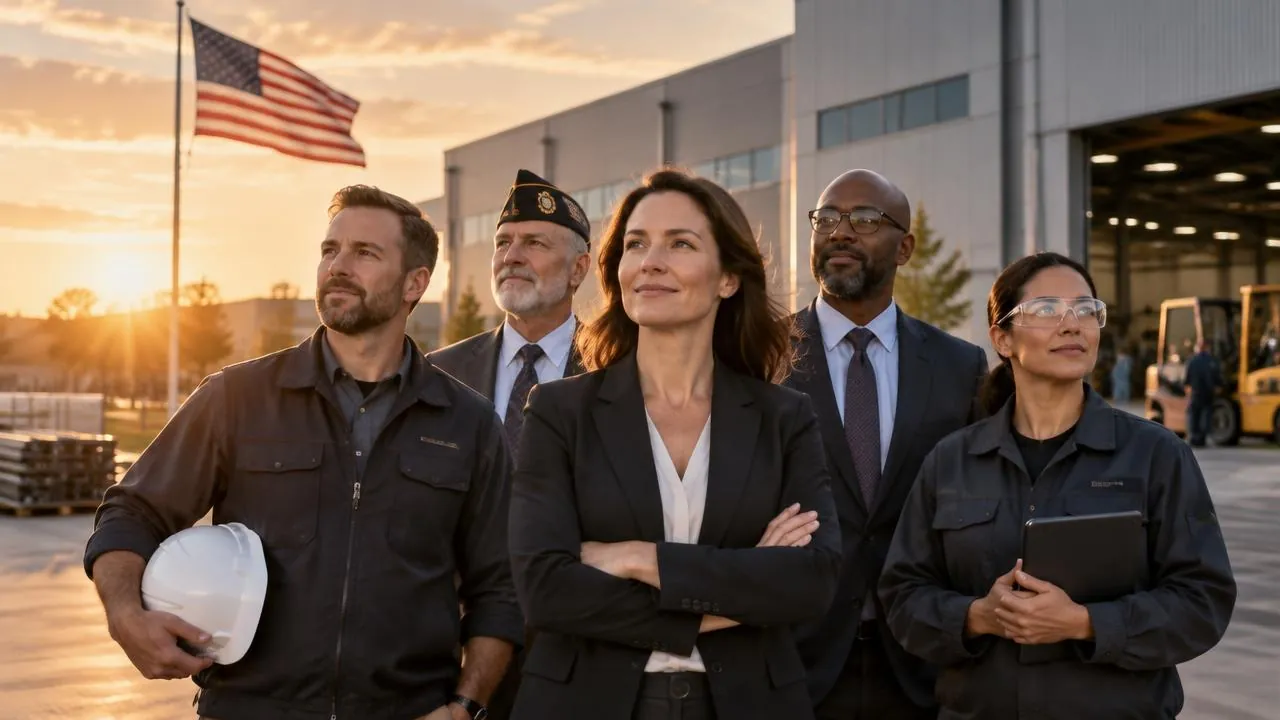 Veteran and business leaders standing together outside an American plant